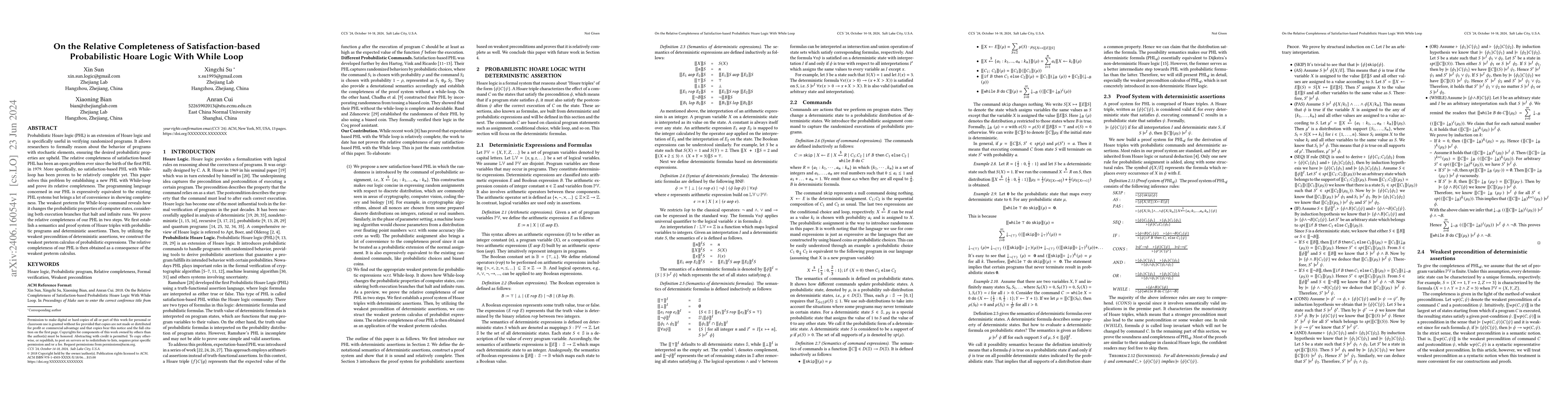 Thumbnail for On the Relative Completeness of Satisfaction-based Probabilistic Hoare
  Logic With While Loop