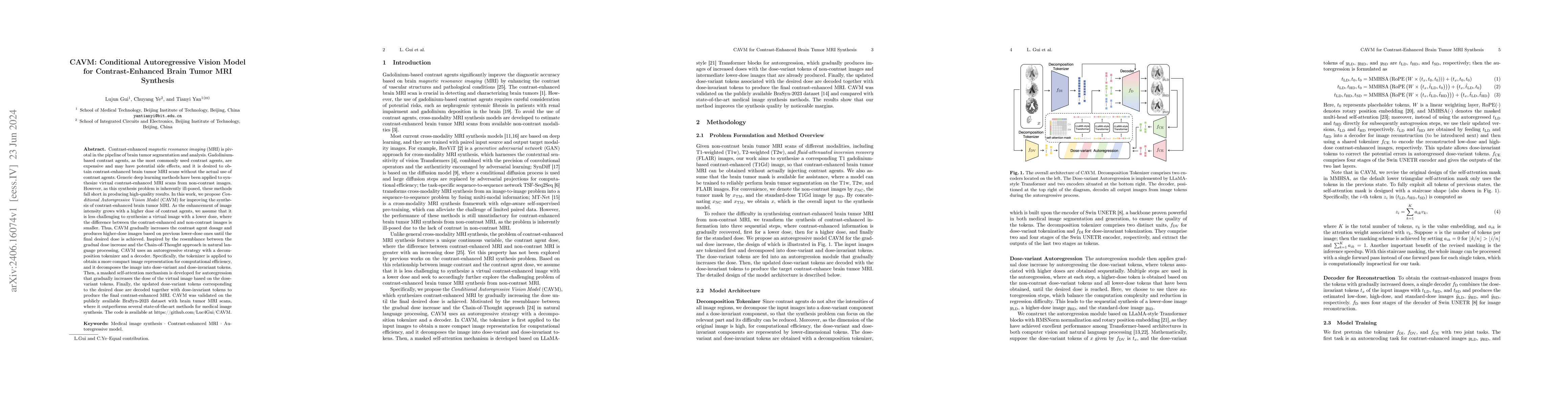 Thumbnail for CAVM: Conditional Autoregressive Vision Model for Contrast-Enhanced
  Brain Tumor MRI Synthesis