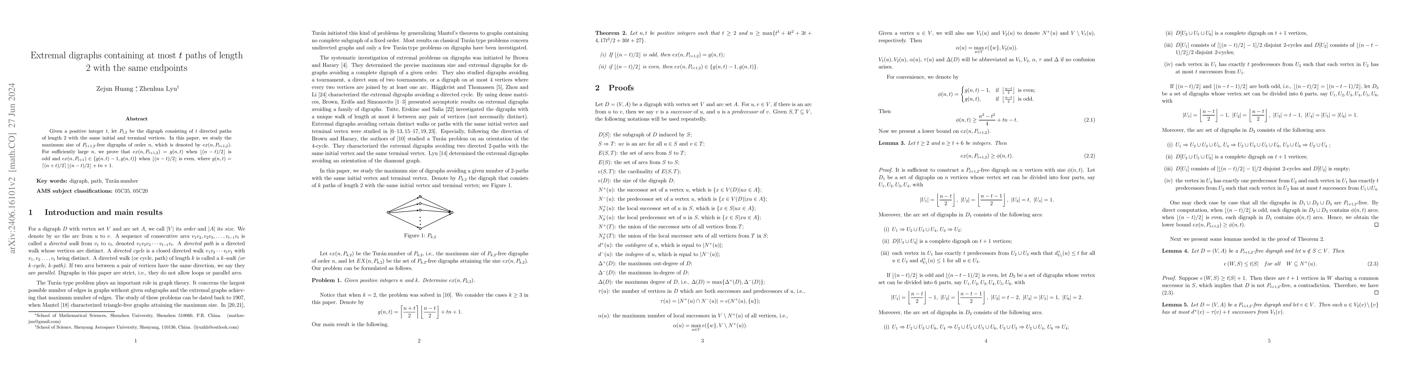 Thumbnail for Extremal digraphs containing at most $t$ paths of length 2 with the same
  endpoints