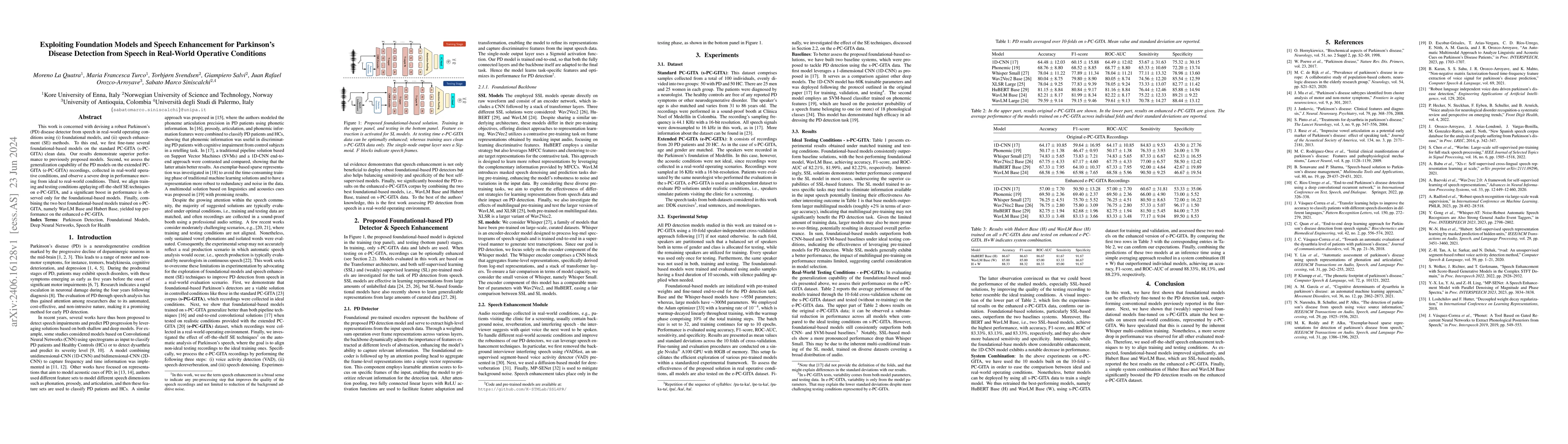 Thumbnail for Exploiting Foundation Models and Speech Enhancement for Parkinson's
  Disease Detection from Speech in Real-World Operative Conditions