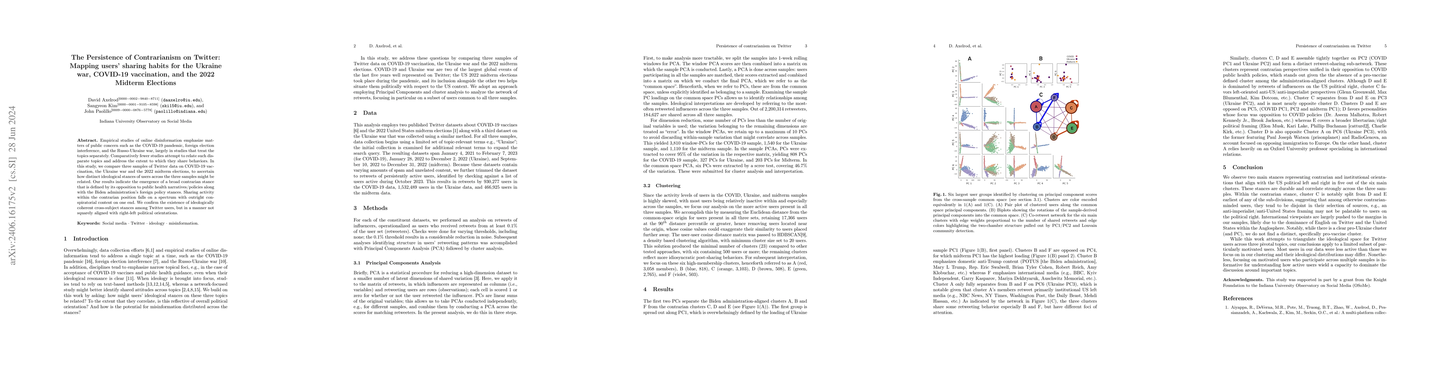 Thumbnail for The Persistence of Contrarianism on Twitter: Mapping users' sharing
  habits for the Ukraine war, COVID-19 vaccination, and the 2022 Midterm
  Elections