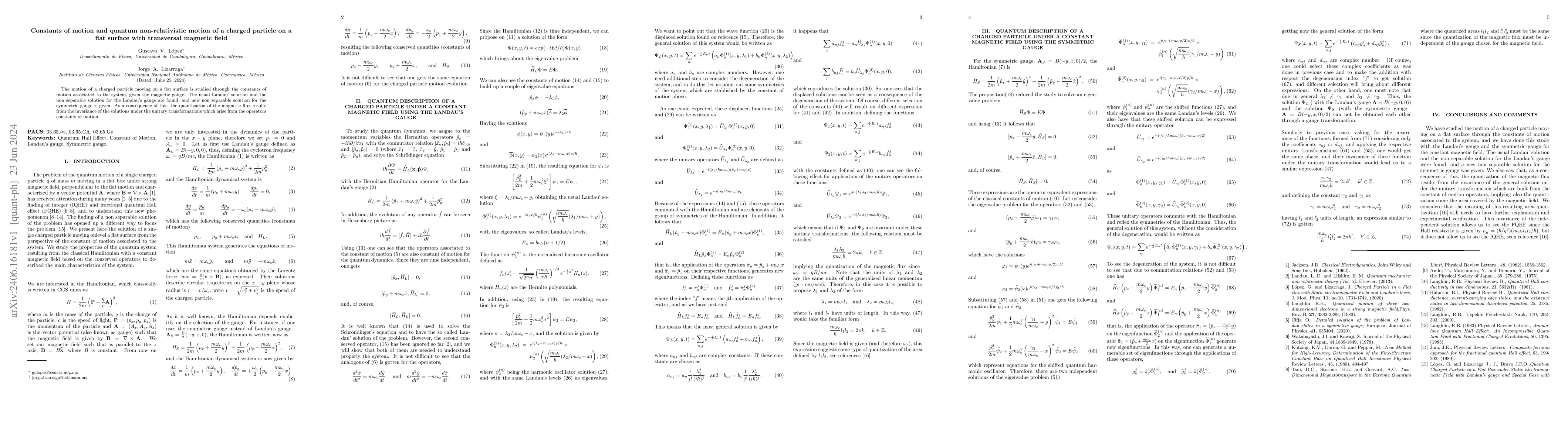 Thumbnail for Constants of motion and quantum non-relativistic motion of a charged
  particle on a flat surface with transversal magnetic field