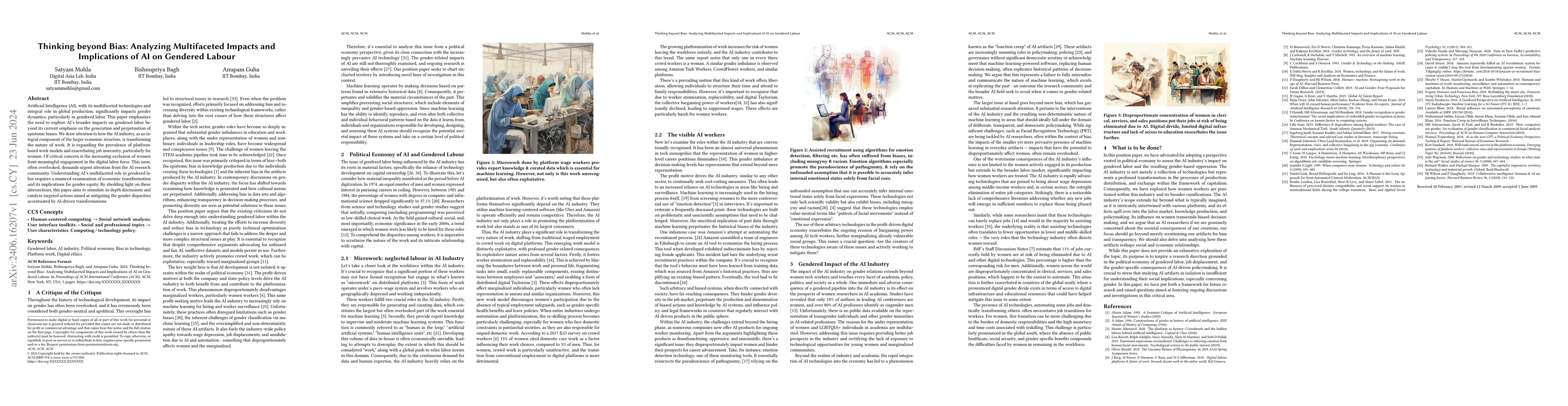 Thumbnail for Thinking beyond Bias: Analyzing Multifaceted Impacts and Implications of
  AI on Gendered Labour