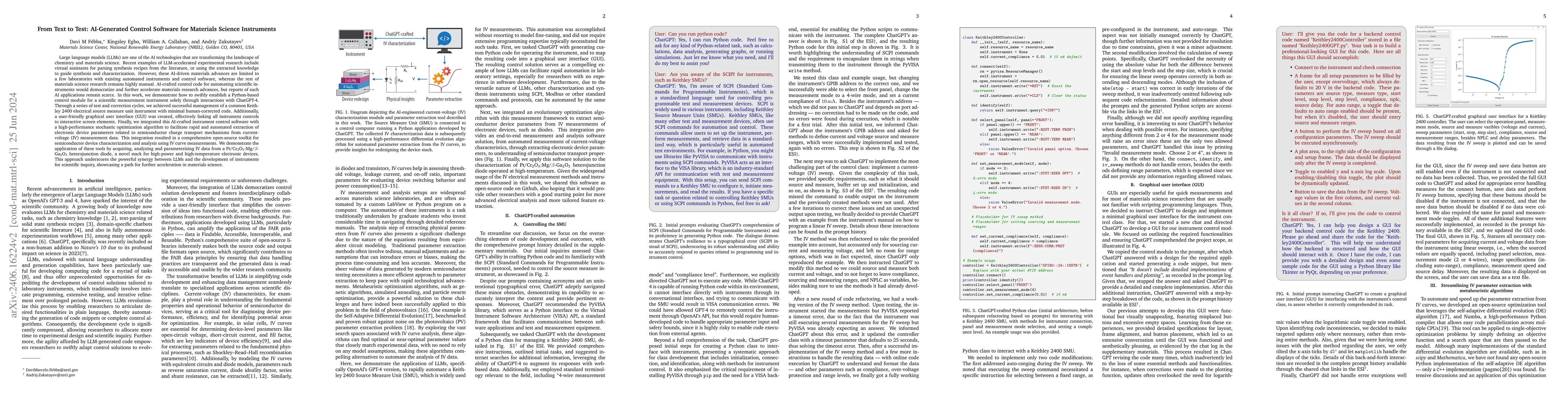 Thumbnail for From Text to Test: AI-Generated Control Software for Materials Science
  Instruments