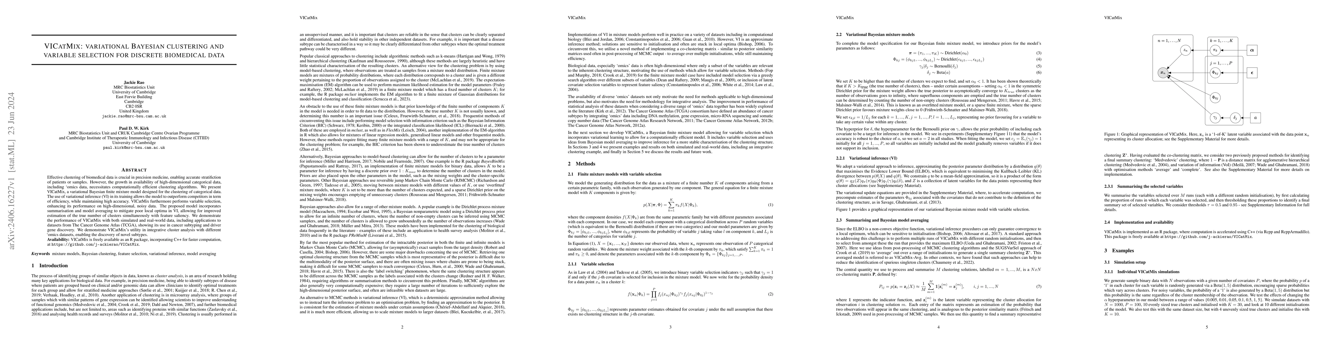 Thumbnail for VICatMix: variational Bayesian clustering and variable selection for
  discrete biomedical data