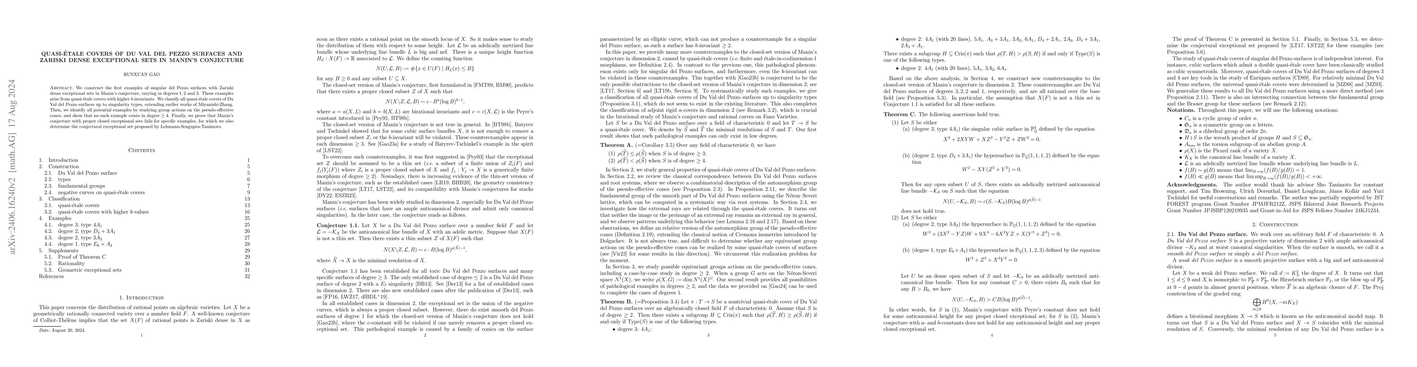Thumbnail for Quasi-\'etale covers of Du Val del Pezzo surfaces and Zariski dense
  exceptional sets in Manin's conjecture