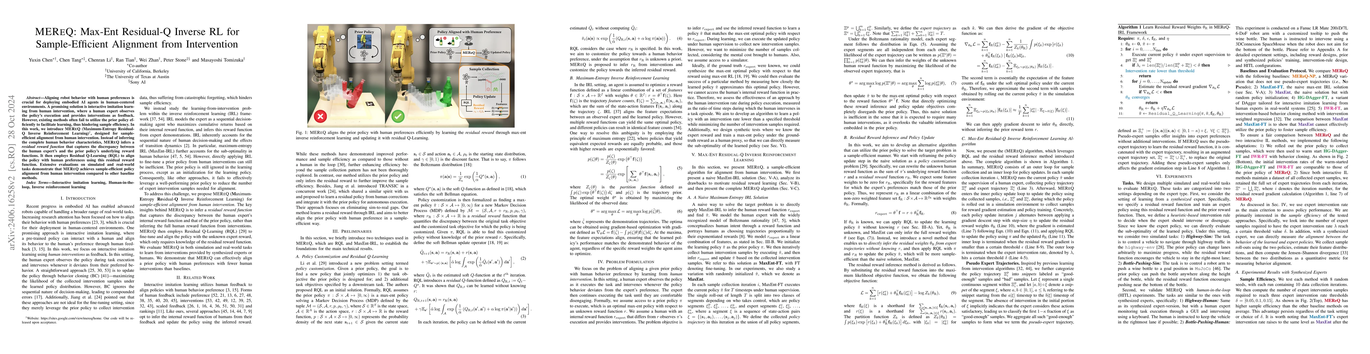 Thumbnail for MEReQ: Max-Ent Residual-Q Inverse RL for Sample-Efficient Alignment from
  Intervention