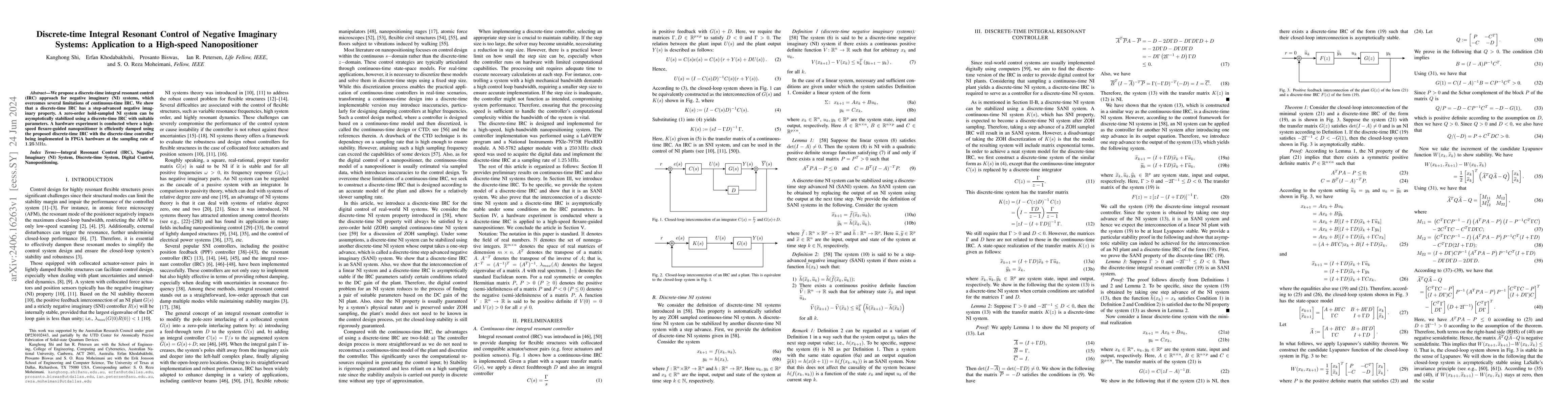 Thumbnail for Discrete-time Integral Resonant Control of Negative Imaginary Systems:
  Application to a High-speed Nanopositioner