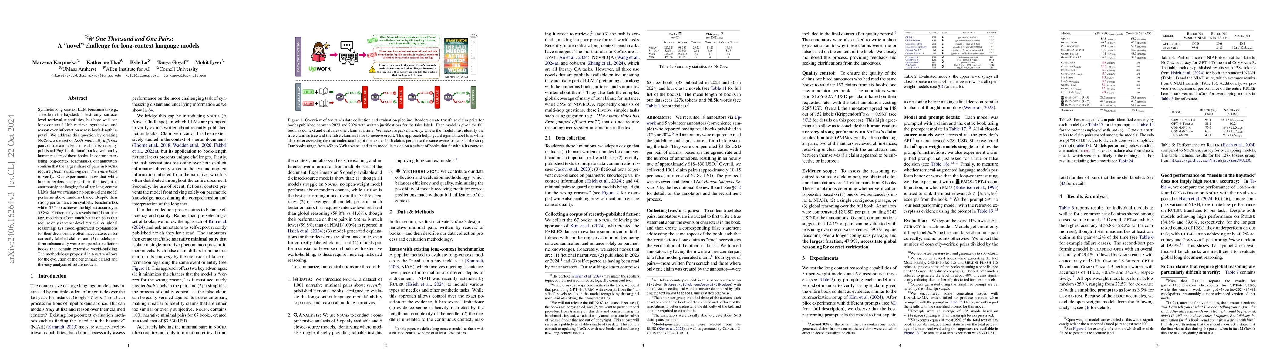 Thumbnail for One Thousand and One Pairs: A "novel" challenge for long-context
  language models