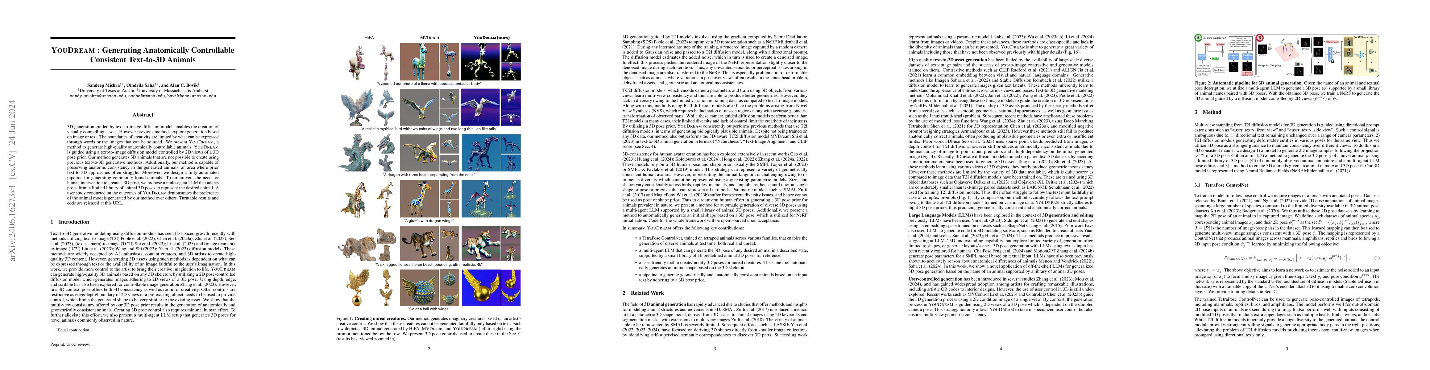 Thumbnail for YouDream: Generating Anatomically Controllable Consistent Text-to-3D
  Animals