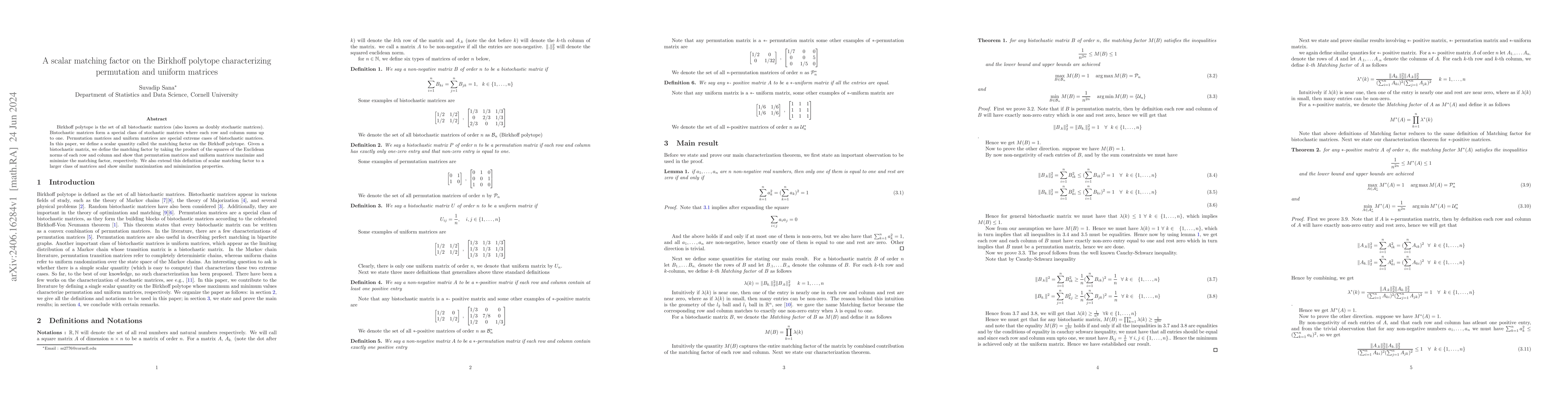 Thumbnail for A scalar matching factor on the Birkhoff polytope characterizing
  permutation and uniform matrices