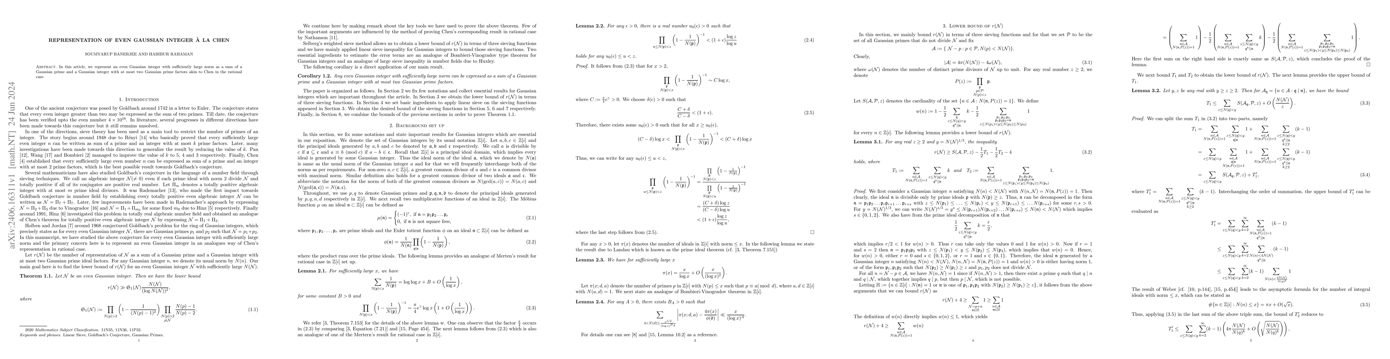 Thumbnail for Representation of even Gaussian integer \`a la Chen
