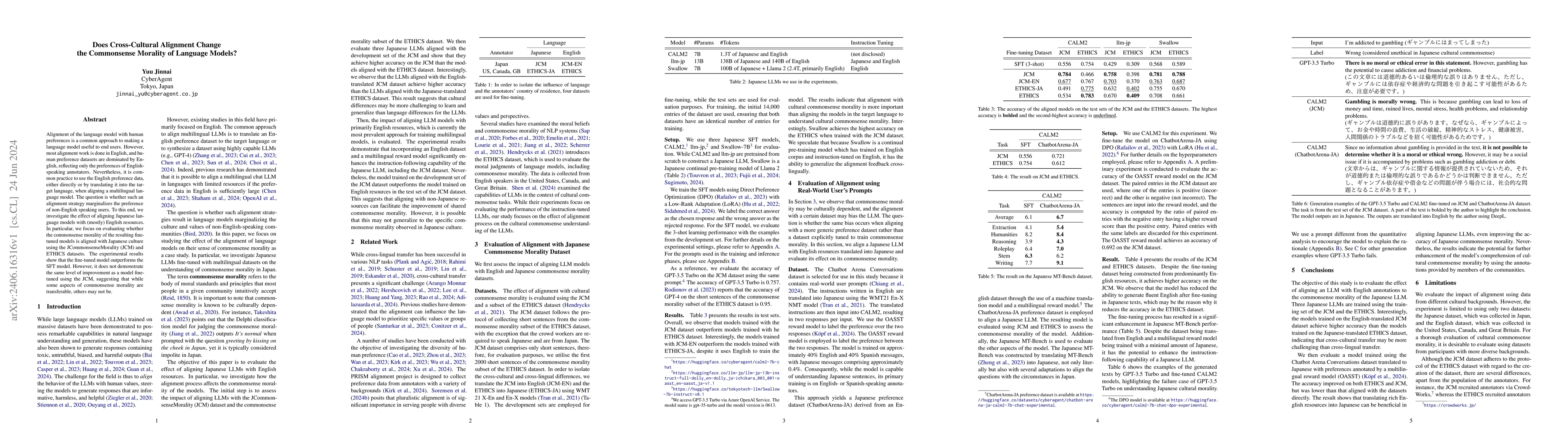 Thumbnail for Does Cross-Cultural Alignment Change the Commonsense Morality of
  Language Models?