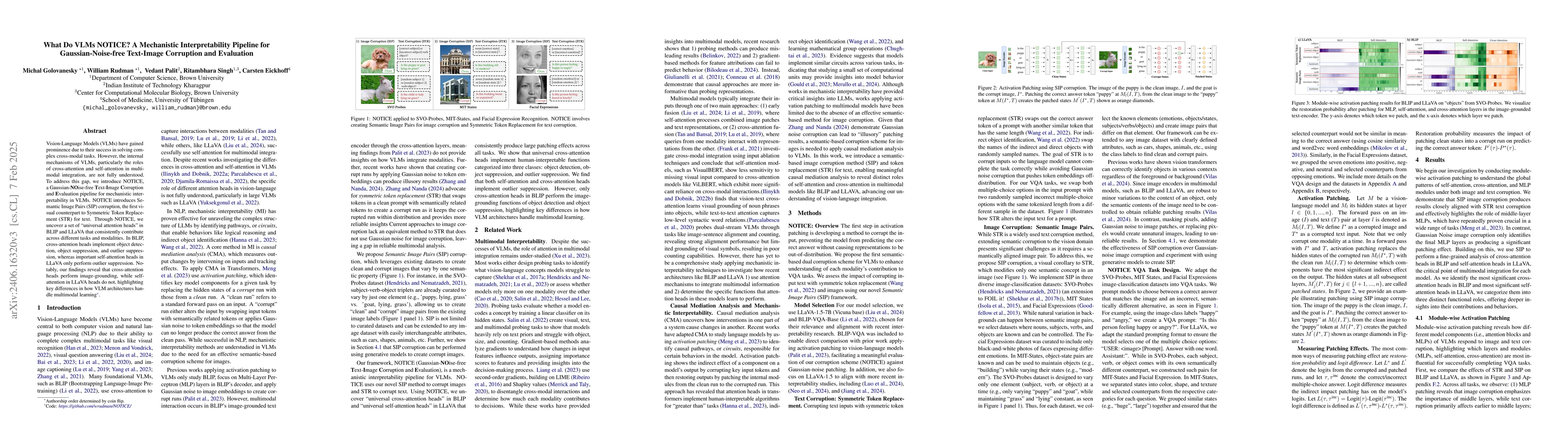 Thumbnail for What Do VLMs NOTICE? A Mechanistic Interpretability Pipeline for
  Noise-free Text-Image Corruption and Evaluation