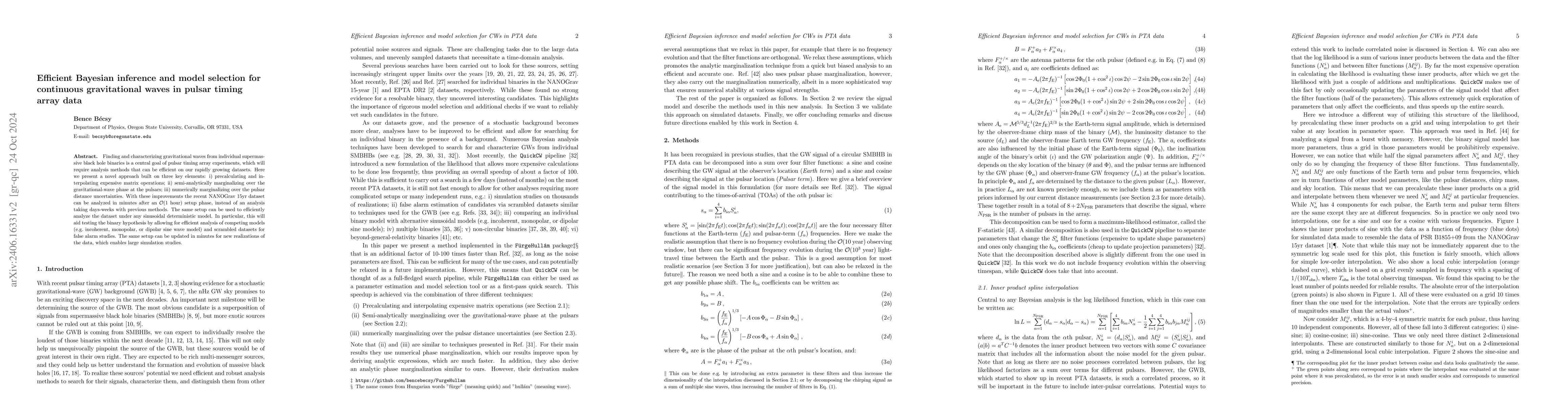 Thumbnail for Efficient Bayesian inference and model selection for continuous waves in
  pulsar timing array data