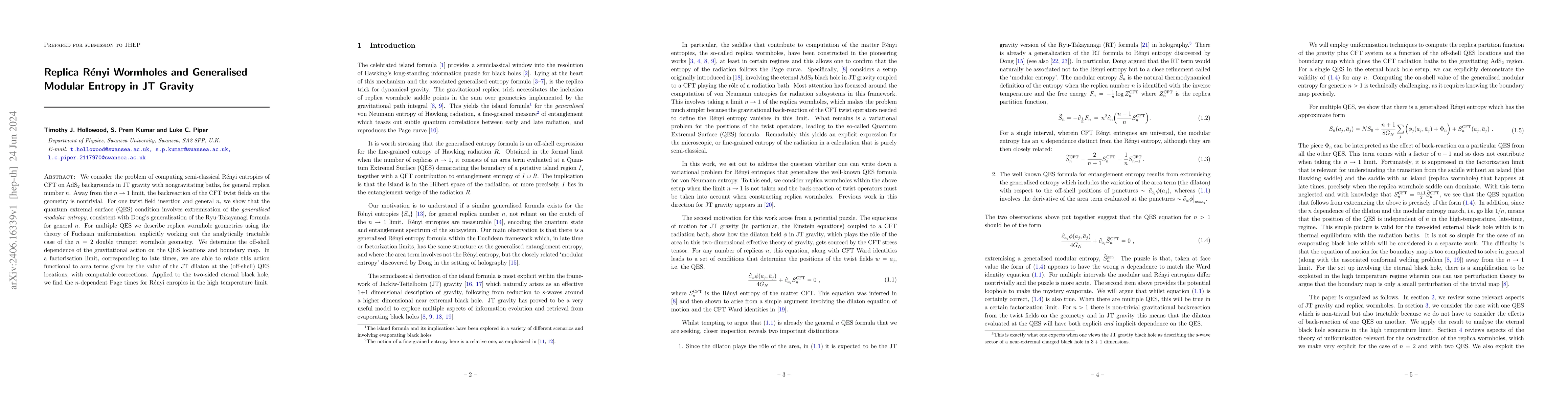 Thumbnail for Replica R\'enyi Wormholes and Generalised Modular Entropy in JT Gravity