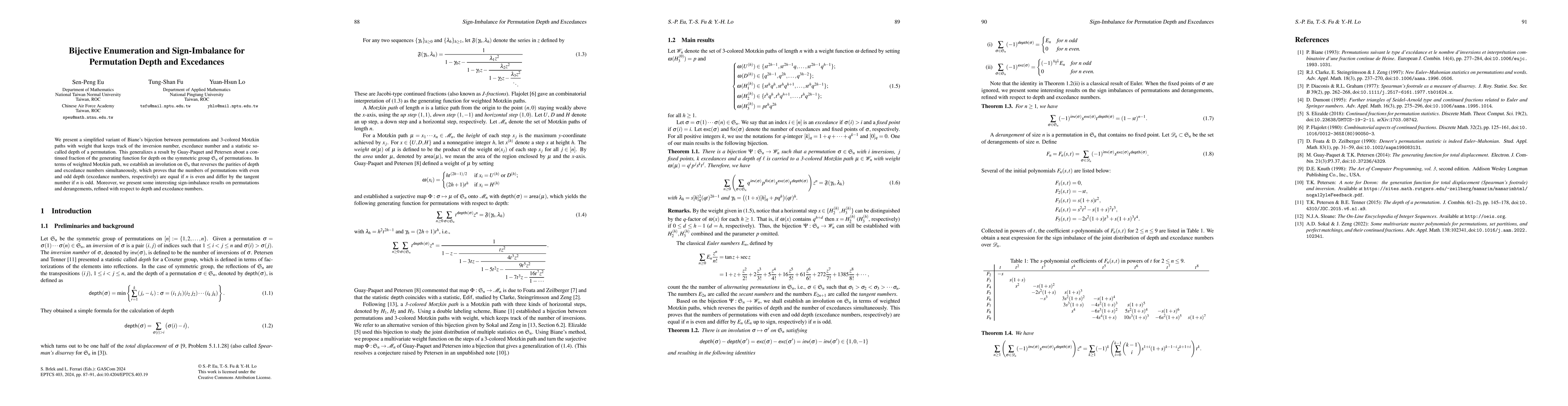 Thumbnail for Bijective Enumeration and Sign-Imbalance for Permutation Depth and
  Excedances