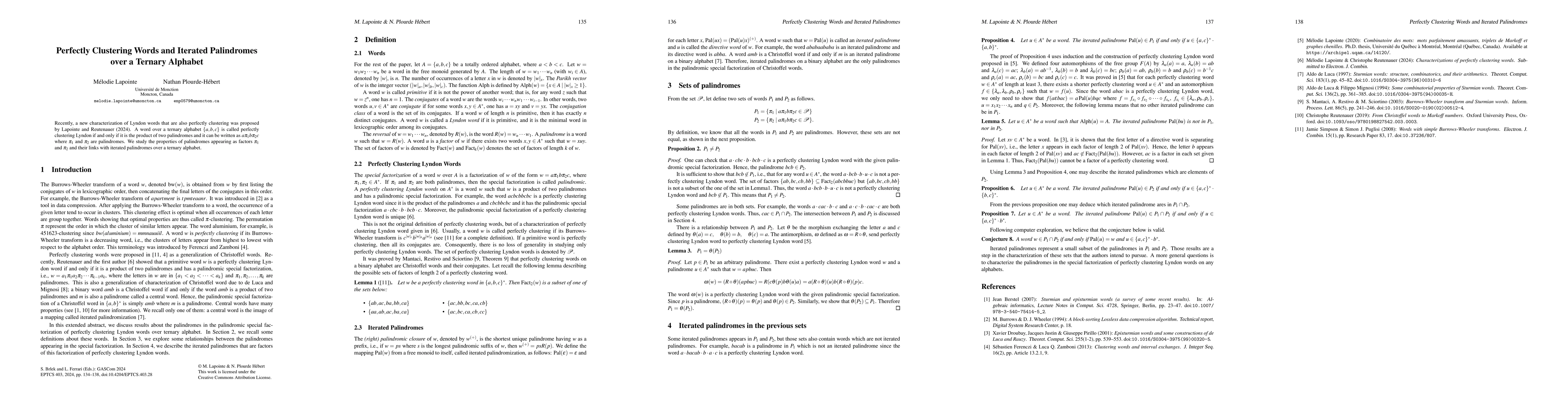Thumbnail for Perfectly Clustering Words and Iterated Palindromes over a Ternary
  Alphabet