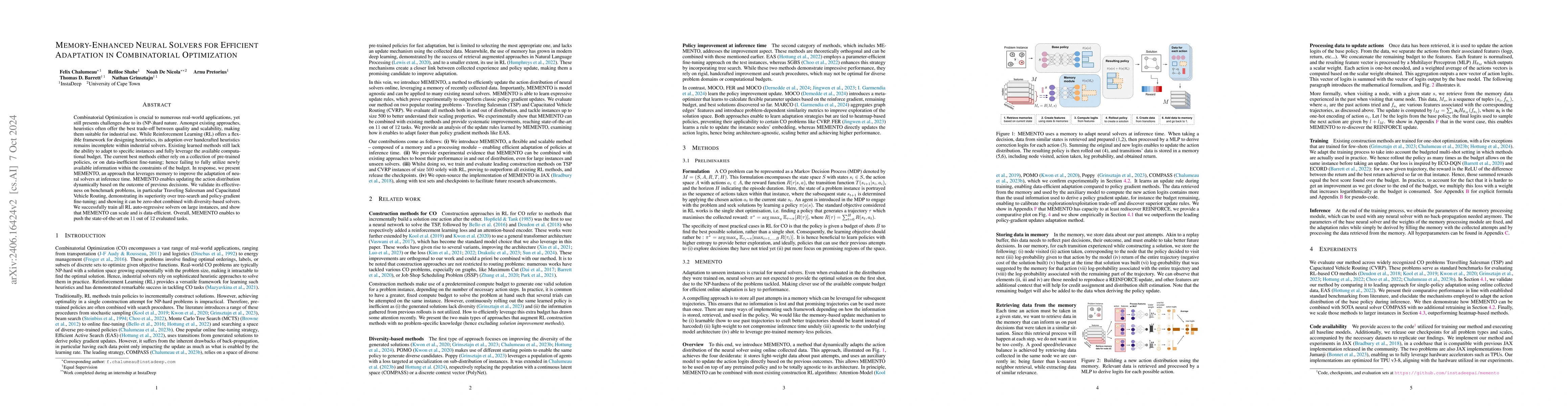Thumbnail for Memory-Enhanced Neural Solvers for Efficient Adaptation in Combinatorial
  Optimization