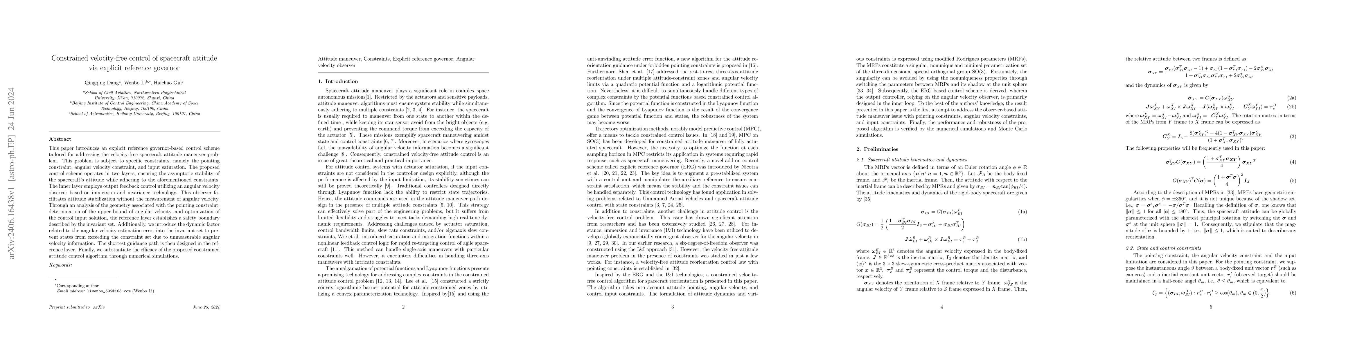 Thumbnail for Constrained velocity-free control of spacecraft attitude via explicit
  reference governor