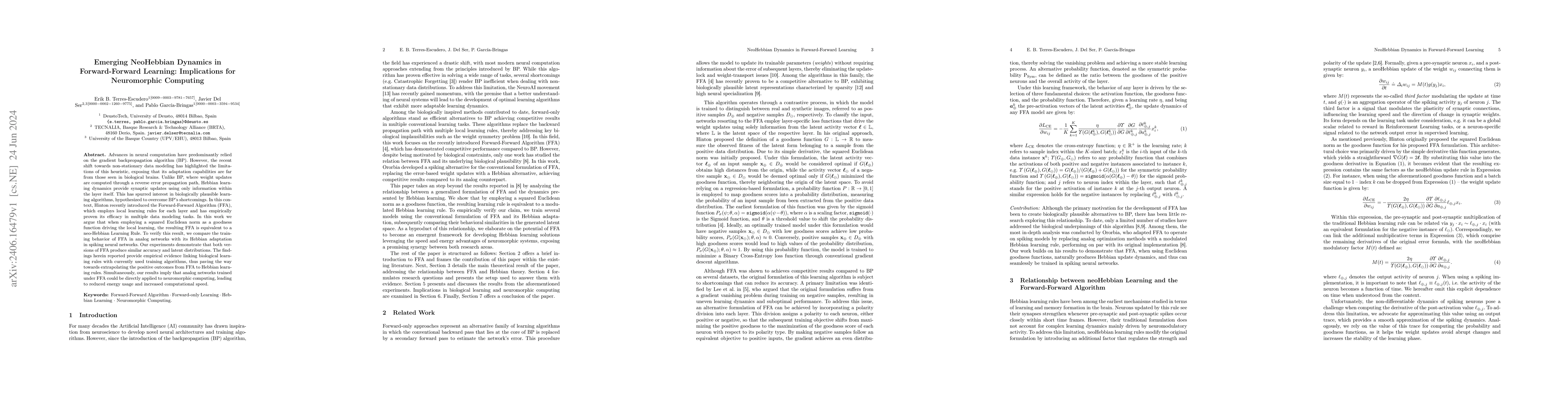 Thumbnail for Emerging NeoHebbian Dynamics in Forward-Forward Learning: Implications
  for Neuromorphic Computing