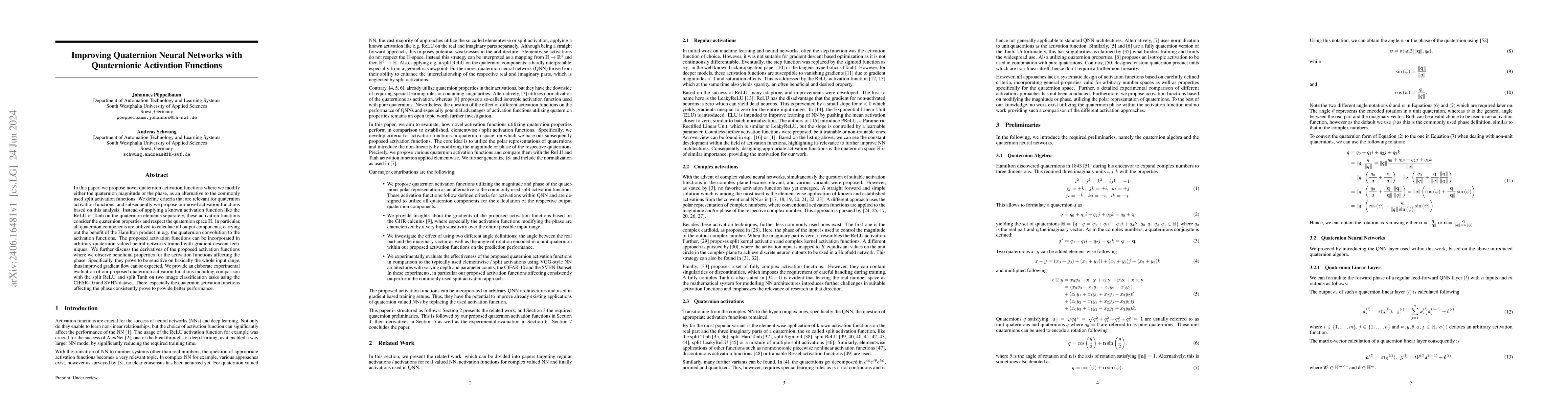 Thumbnail for Improving Quaternion Neural Networks with Quaternionic Activation
  Functions