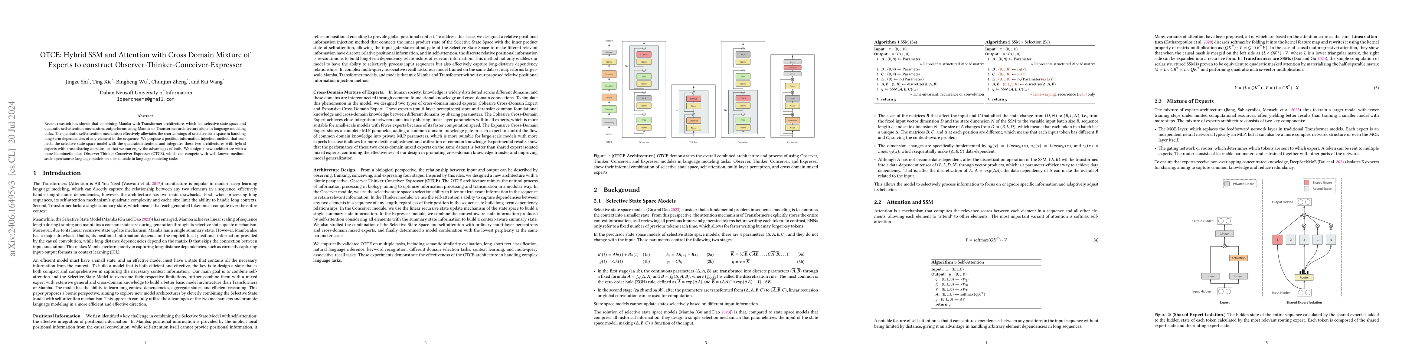 Thumbnail for OTCE: Hybrid SSM and Attention with Cross Domain Mixture of Experts to
  construct Observer-Thinker-Conceiver-Expresser