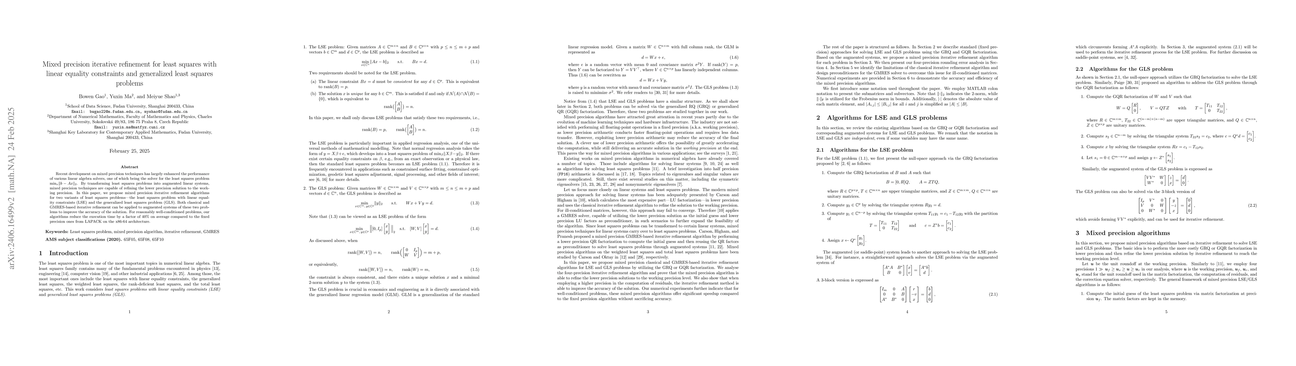 Thumbnail for Mixed precision iterative refinement for least squares with linear
  equality constraints and generalized least squares problems