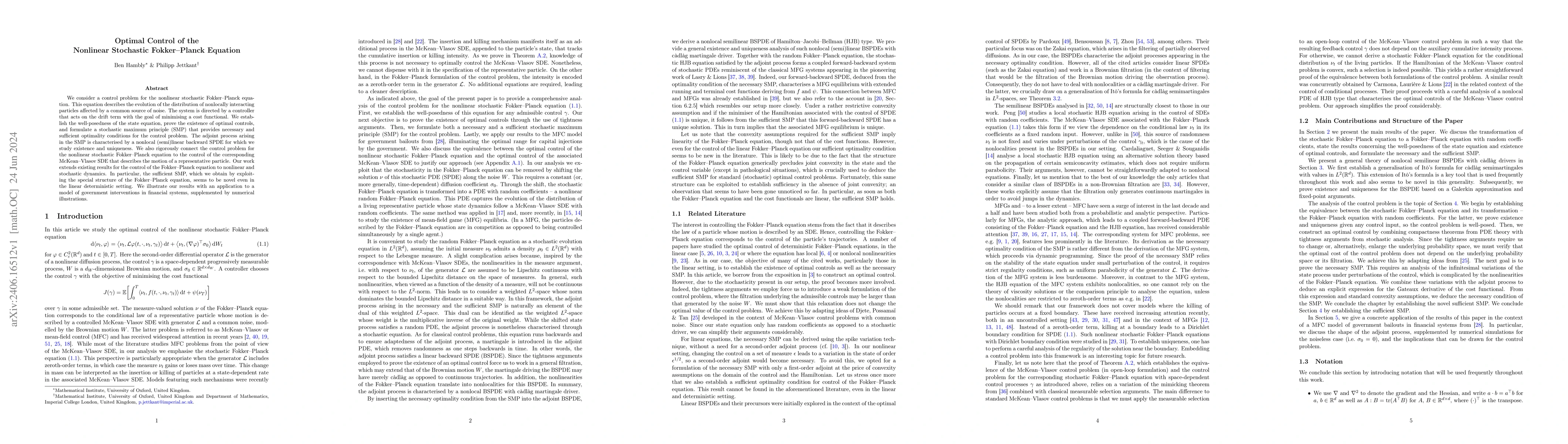 Thumbnail for Optimal Control of the Nonlinear Stochastic Fokker--Planck Equation