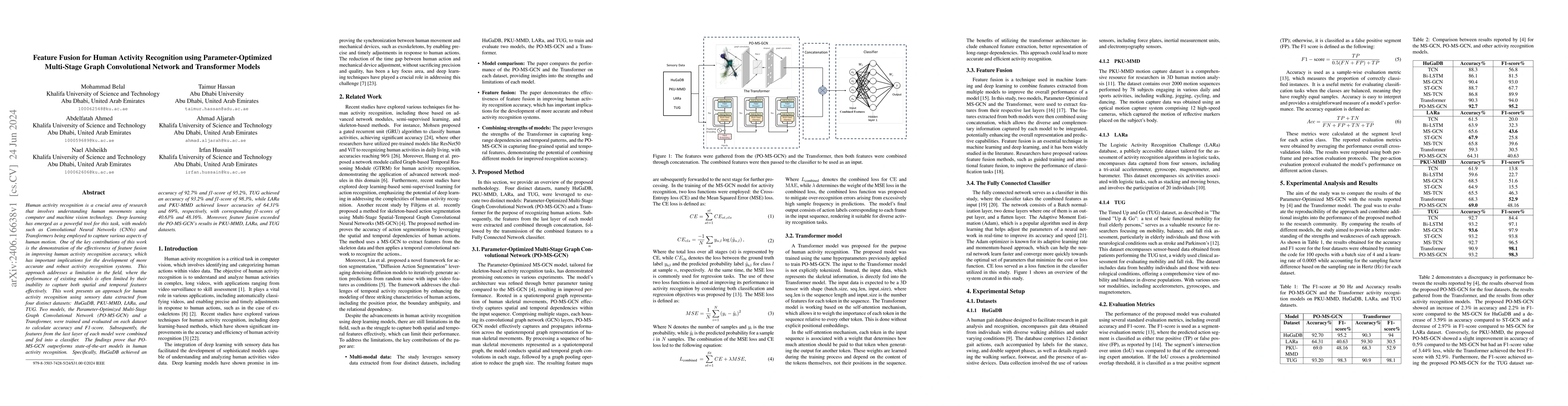 Thumbnail for Feature Fusion for Human Activity Recognition using Parameter-Optimized
  Multi-Stage Graph Convolutional Network and Transformer Models