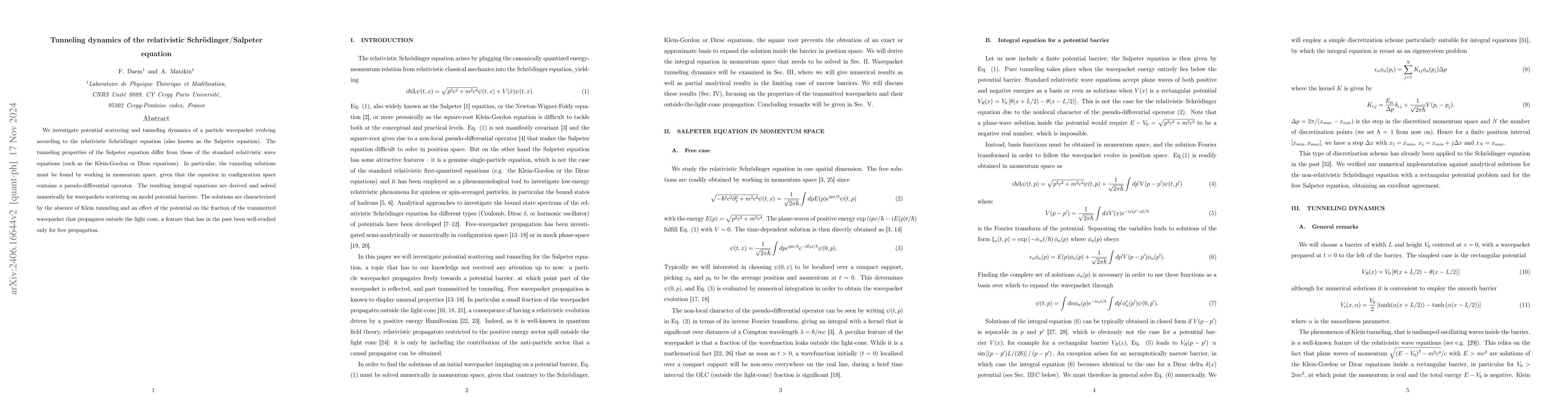 Thumbnail for Tunneling dynamics of the relativistic Schr\"odinger/Salpeter equation