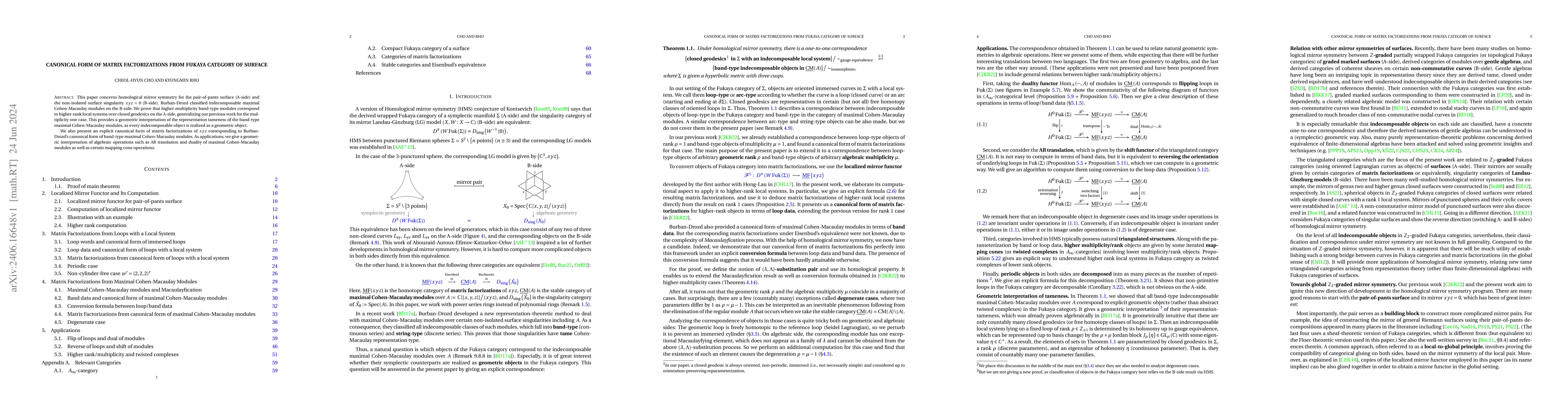 Thumbnail for Canonical form of matrix factorizations from Fukaya category of surface
