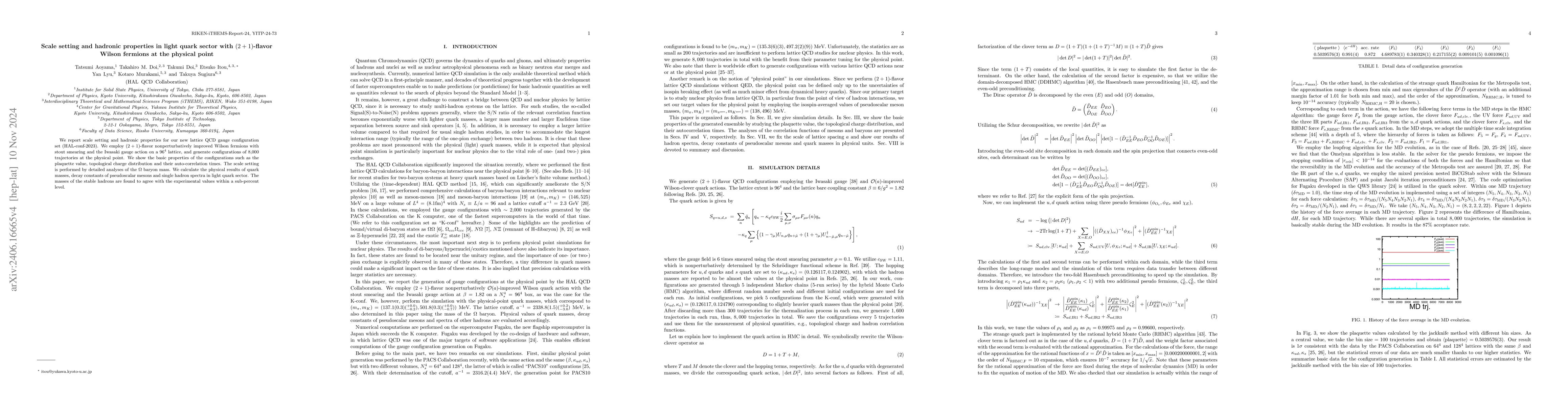 Thumbnail for Scale setting and hadronic properties in light quark sector with
  $(2+1)$-flavor Wilson fermions at the physical point