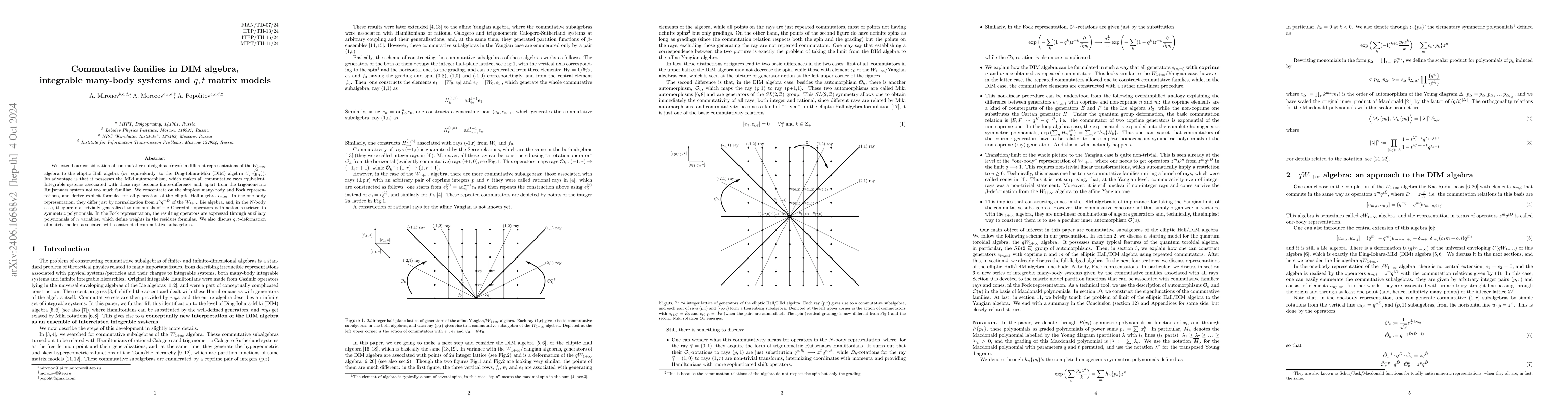 Thumbnail for Commutative families in DIM algebra, integrable many-body systems and
  $q,t$ matrix models