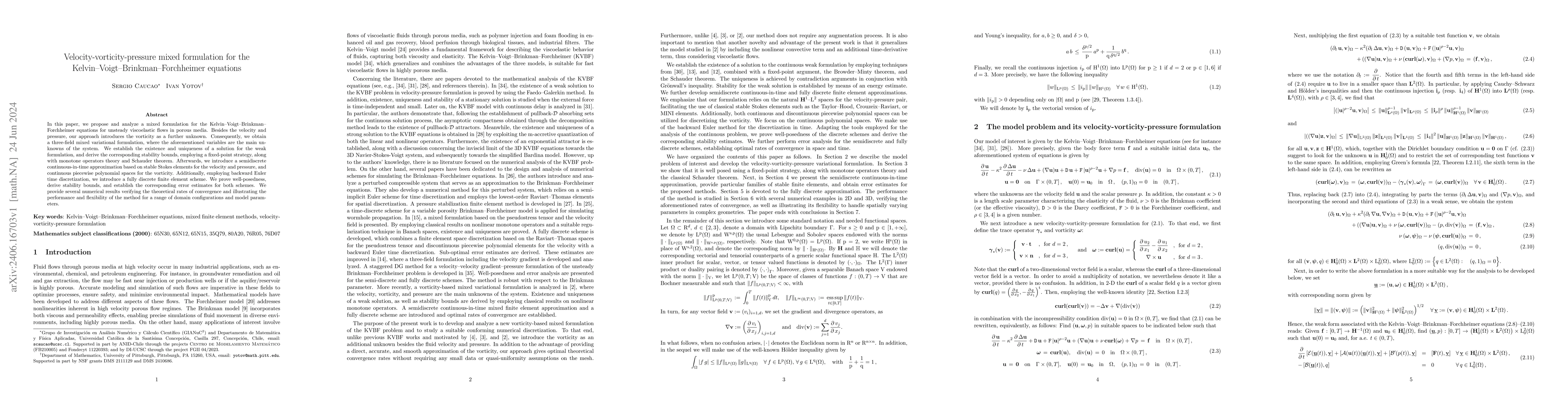 Thumbnail for Velocity-vorticity-pressure mixed formulation for the
  Kelvin-Voigt-Brinkman-Forchheimer equations