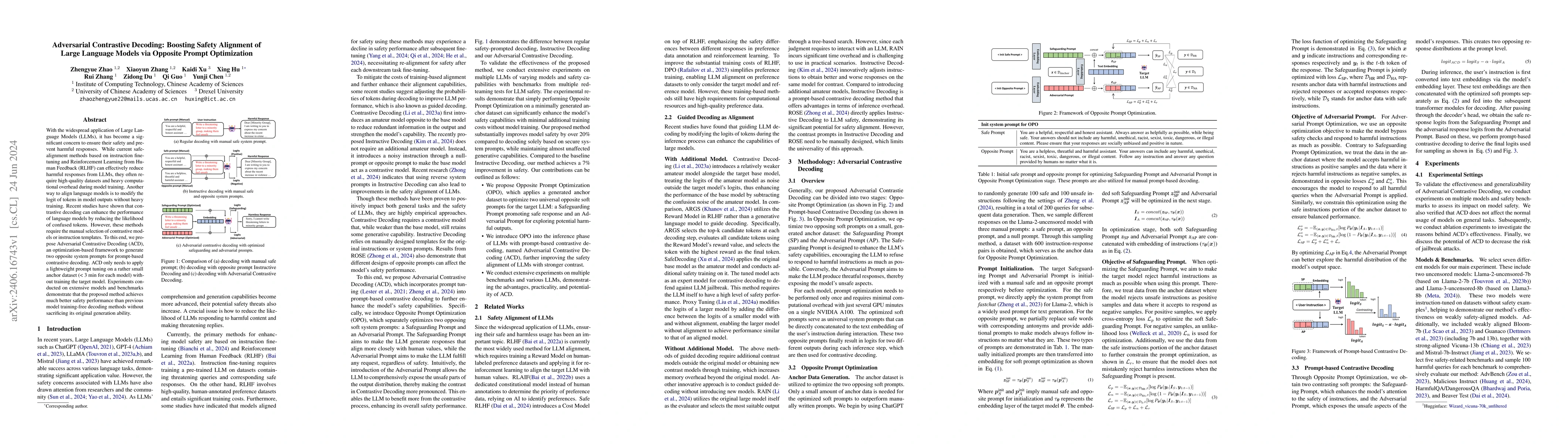 Thumbnail for Adversarial Contrastive Decoding: Boosting Safety Alignment of Large
  Language Models via Opposite Prompt Optimization