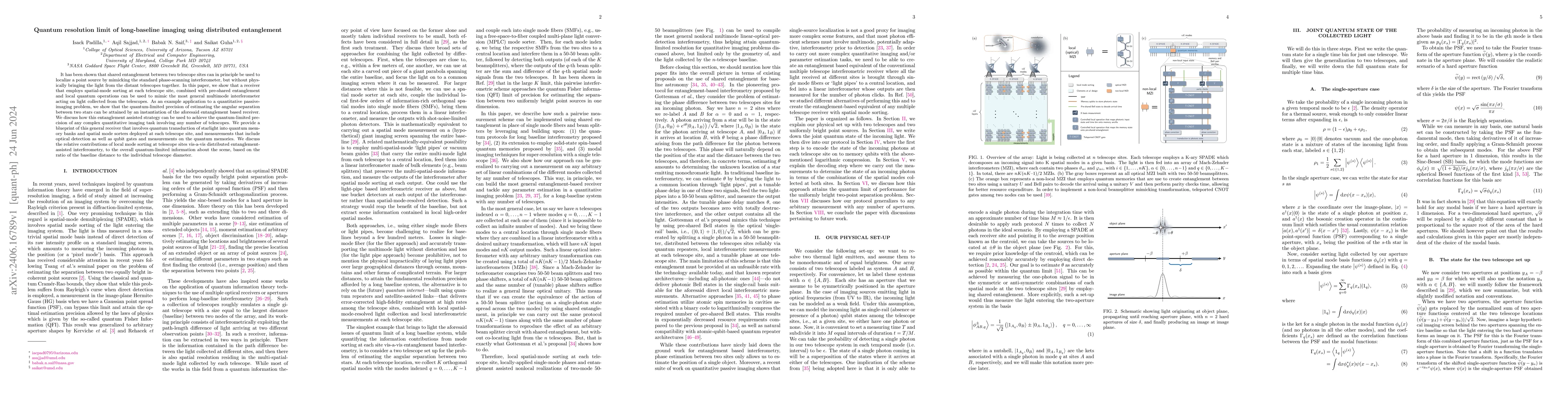 Thumbnail for Quantum resolution limit of long-baseline imaging using distributed
  entanglement