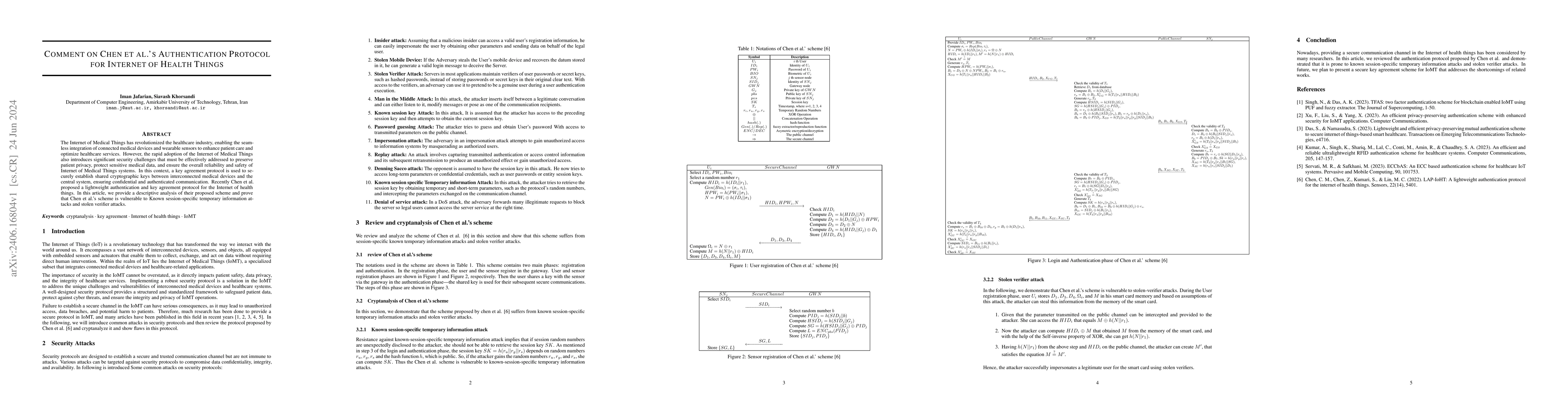 Thumbnail for Comment on Chen et al.'s Authentication Protocol for Internet of Health
  Things