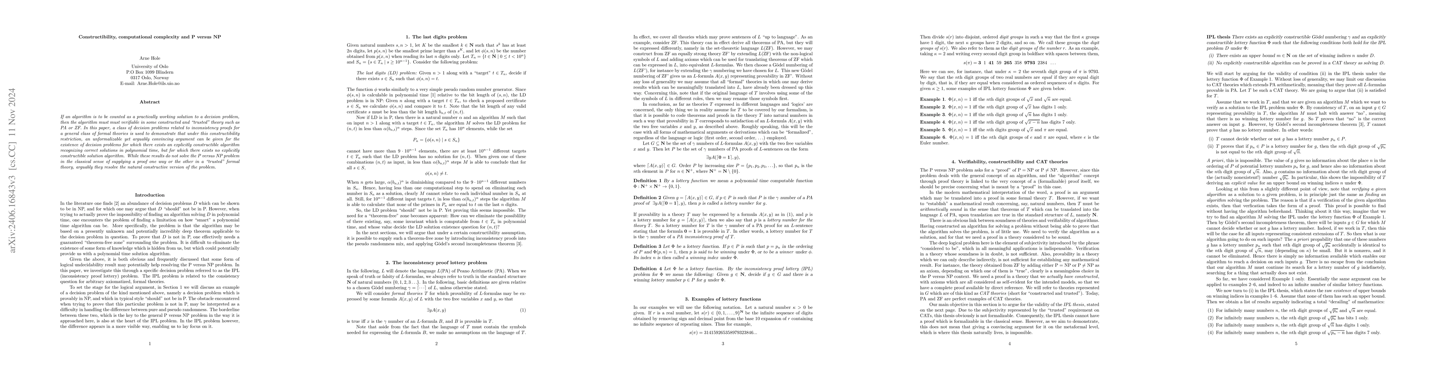 Thumbnail for Constructibility, computational complexity and P versus NP