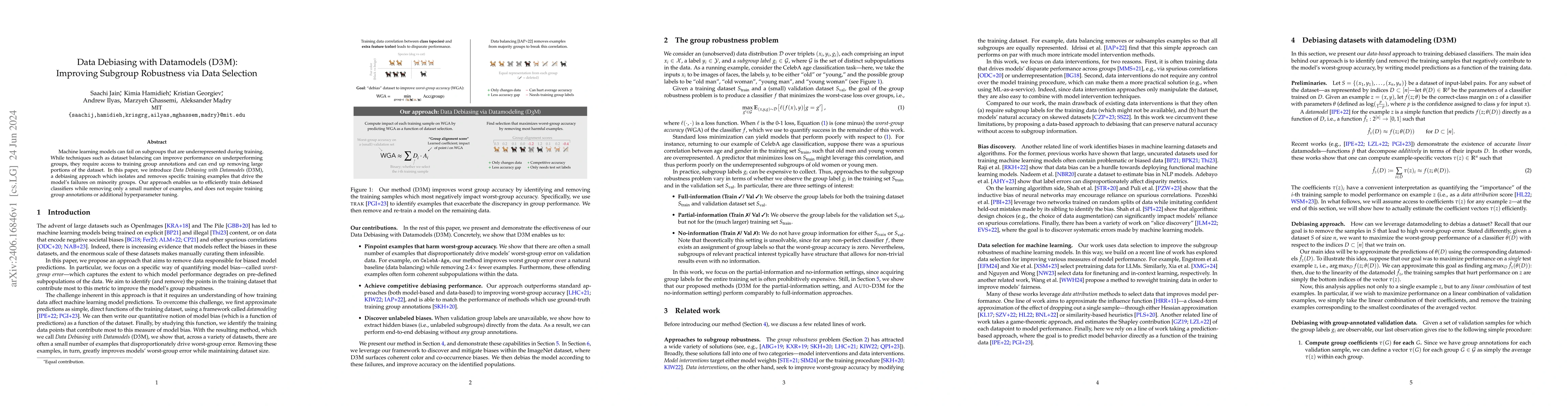 Thumbnail for Data Debiasing with Datamodels (D3M): Improving Subgroup Robustness via
  Data Selection