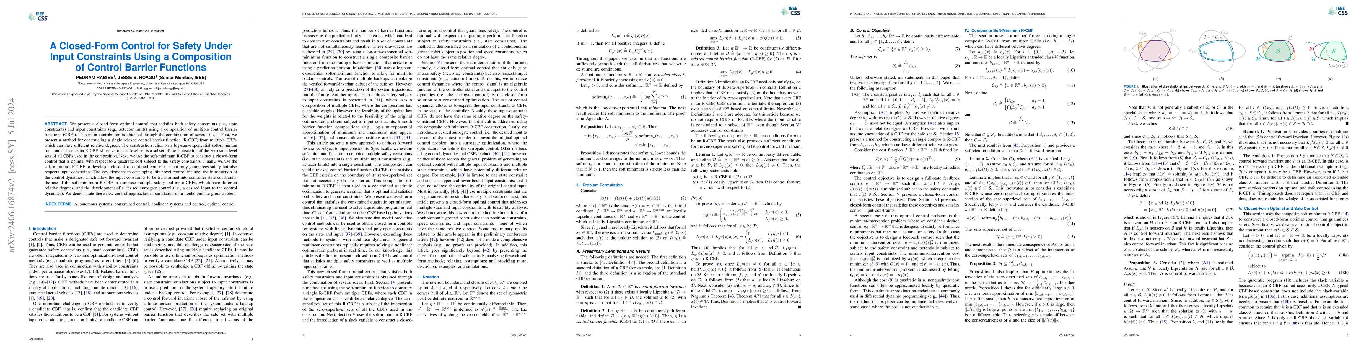 Thumbnail for A Closed-Form Control for Safety Under Input Constraints Using a
  Composition of Control Barrier Functions