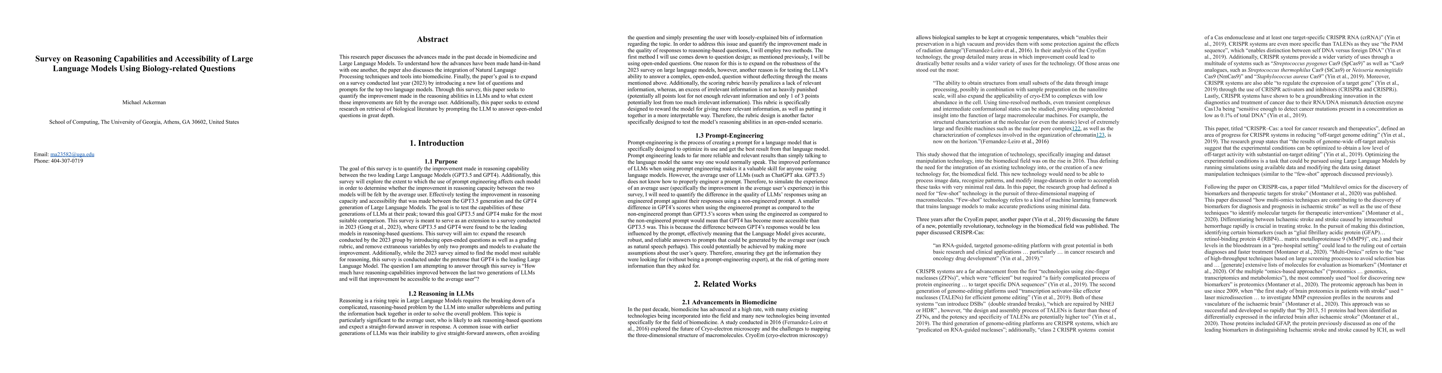 Thumbnail for Survey on Reasoning Capabilities and Accessibility of Large Language
  Models Using Biology-related Questions