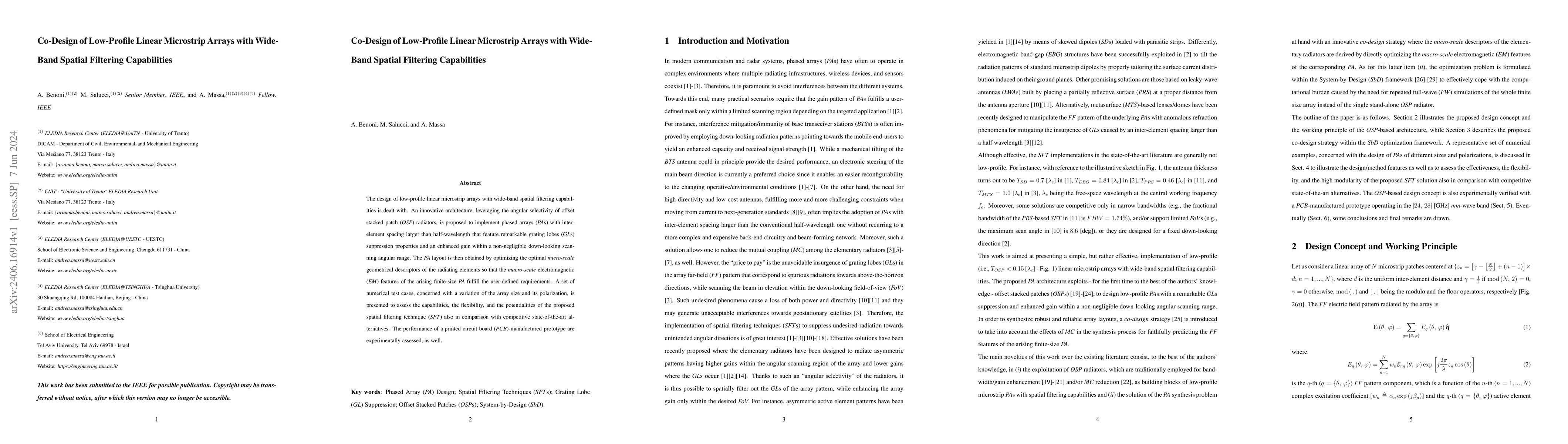 Thumbnail for Co-Design of Low-Profile Linear Microstrip Arrays with Wide-Band Spatial
  Filtering Capabilities