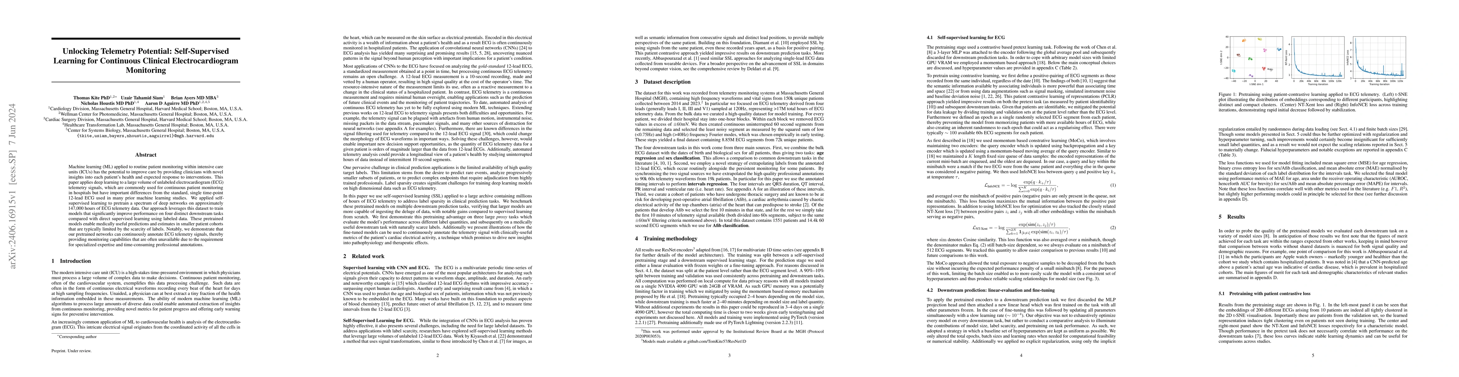 Thumbnail for Unlocking Telemetry Potential: Self-Supervised Learning for Continuous
  Clinical Electrocardiogram Monitoring