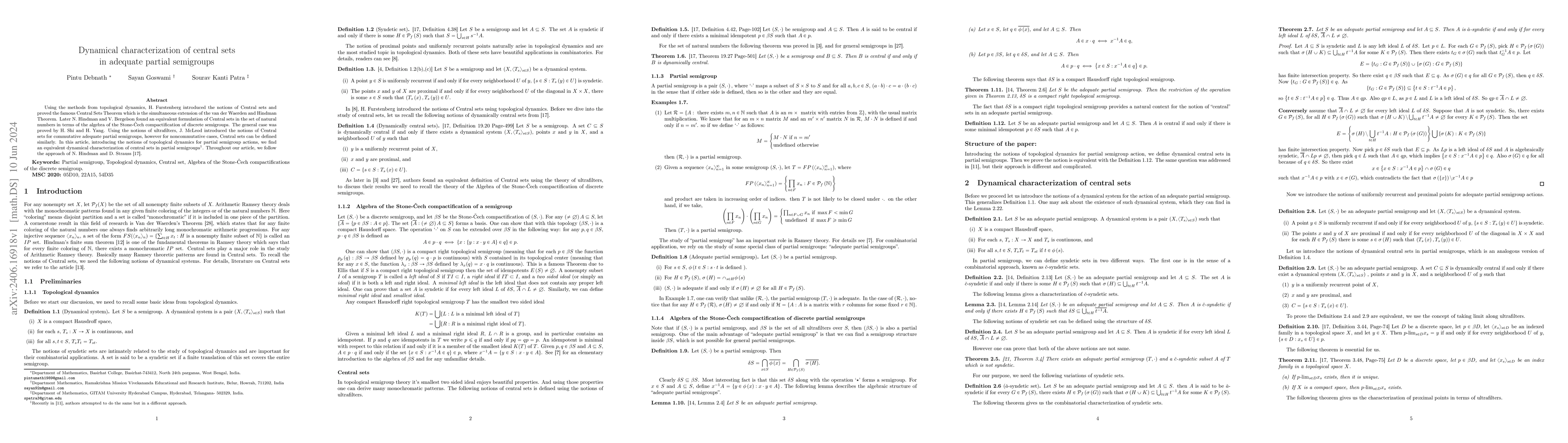 Thumbnail for Dynamical characterization of central sets in adequate partial
  semigroups