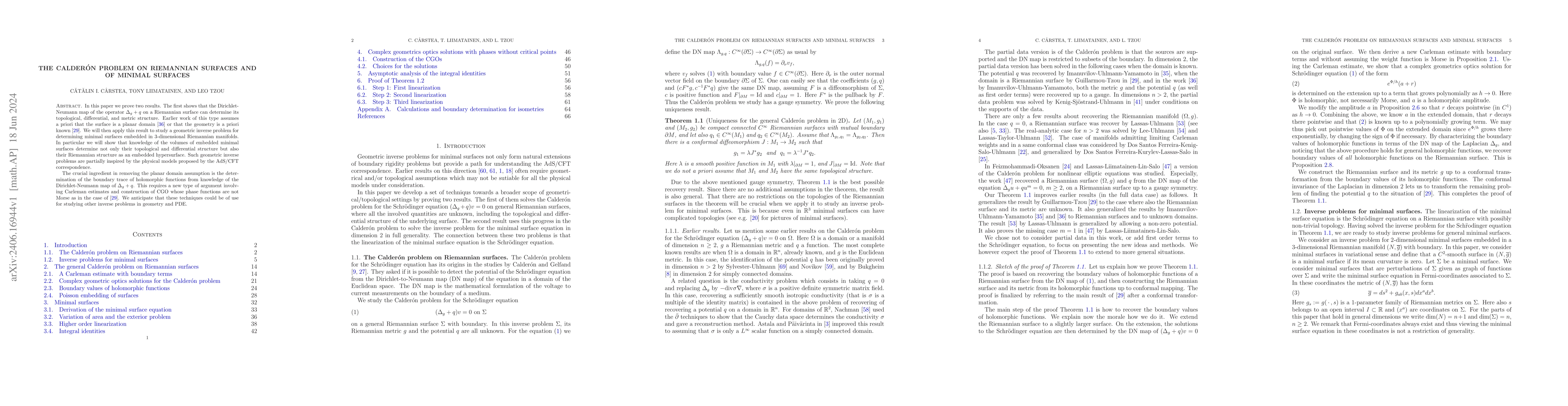 Thumbnail for The Calder\'on problem on Riemannian surfaces and of minimal surfaces