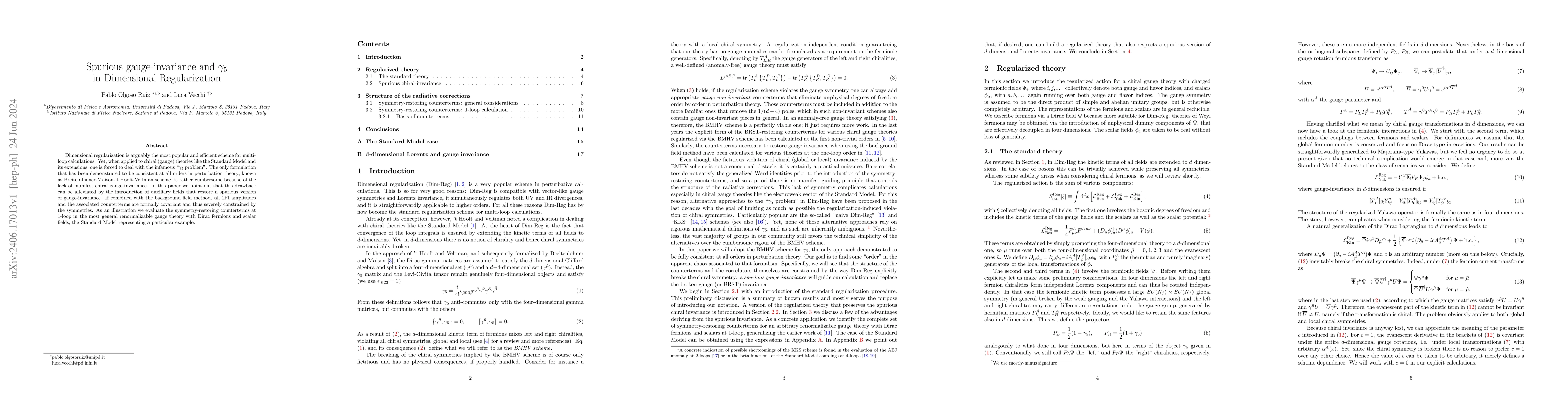 Thumbnail for Spurious gauge-invariance and $\gamma_5$ in Dimensional Regularization