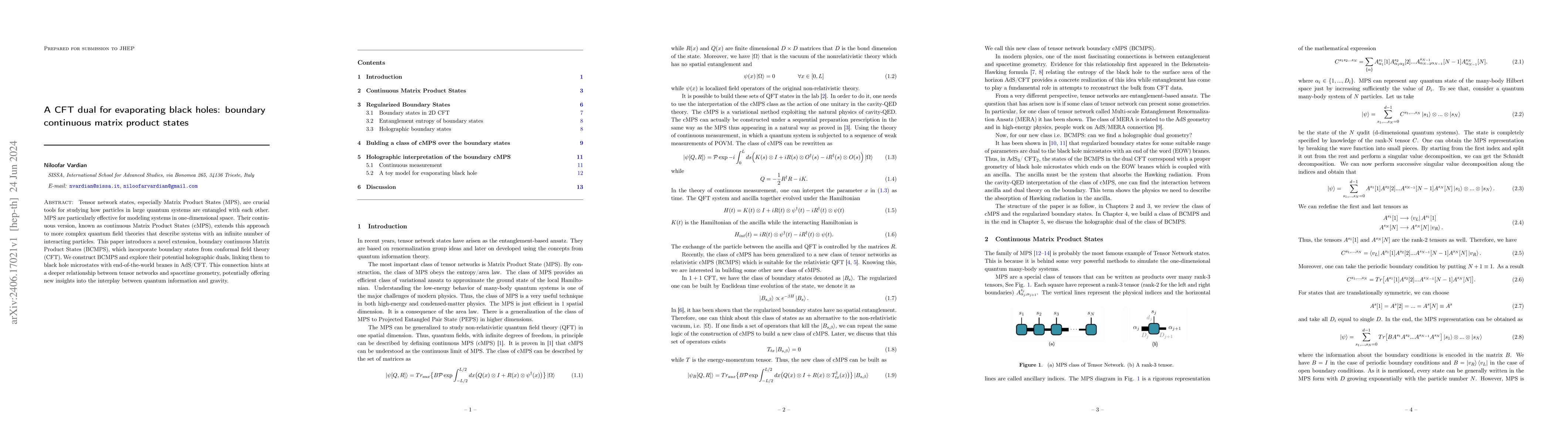 Thumbnail for A CFT dual for evaporating black holes: boundary continuous matrix
  product states