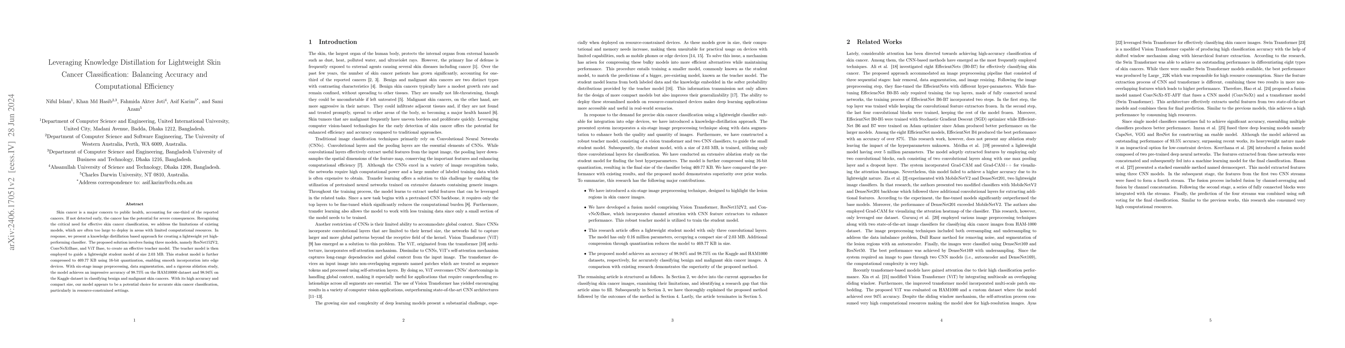 Thumbnail for Leveraging Knowledge Distillation for Lightweight Skin Cancer
  Classification: Balancing Accuracy and Computational Efficiency