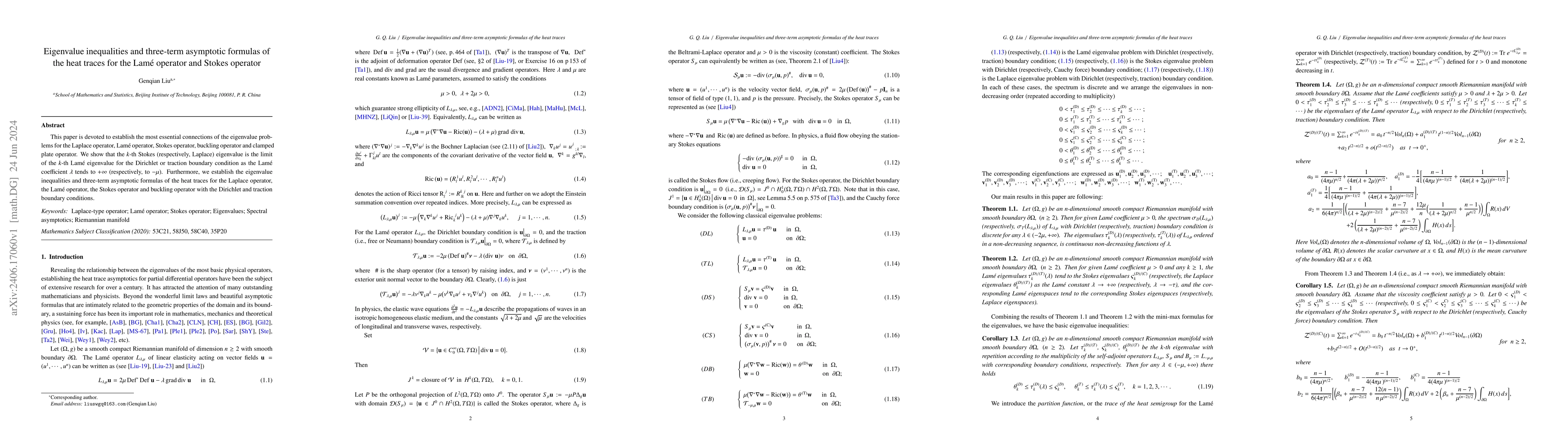 Thumbnail for Eigenvalue inequalities and three-term asymptotic formulas of the heat
  traces for the Lam\'{e} operator and Stokes operator